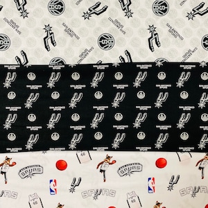 NBA SA San Antonio Spurs Basketball, 3 Patterns / Designs, 100% Cotton Fabric.   Widths are 43”.   New