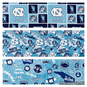 May include: A collage of three different fabric patterns featuring the University of North Carolina Tar Heels logo and mascot. The patterns are blue and white with various designs including the Tar Heel's mascot, the state of North Carolina, and the words "Tar Heels", "Carolina", and "North Carolina".