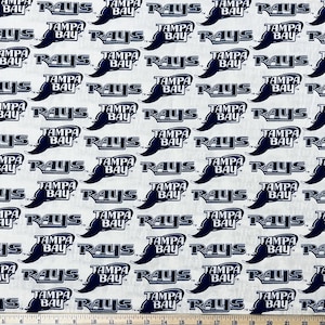 May include: White fabric with a repeating pattern of the Tampa Bay Rays logo. The logo is navy blue and white and features the words "Tampa Bay" and "Rays".