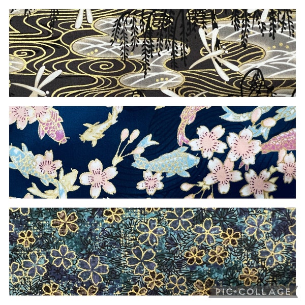 Asian, Japanese, Koi, Dragonflies, Flowers, Hawaiian, 100% Cotton Fabric, 3 Patterns / Designs.  By 1/2 Yard (18”x44”) or Yard (36”x44”) New