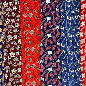 NCAA College University, Tone On Tone.  Washington, Texas A&M, Texas Tech, Ole Miss Mississippi, Creighton, Houston.  100% Cotton Fabric New