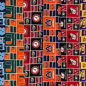 NCAA College University, Block Prints.  UNC North Carolina, Miami, Alabama, Auburn, Georgia, LSU.  All are 100% Cotton Fabric, New