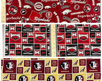 May include: Three fabric swatches featuring collegiate sports team logos. The top shows red Arkansas Razorbacks patterns. The middle displays a black and red University of Arkansas grid. The bottom features a gold and maroon Florida State Seminoles grid.