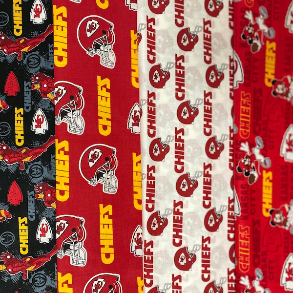 NFL KC Kansas City Chiefs Football, 4 Designs, 100% Cotton Fabric, Sold by the 1/4 Yard (9”) or 1/2 Yard (18”).  Widths range from 44”- 57”.