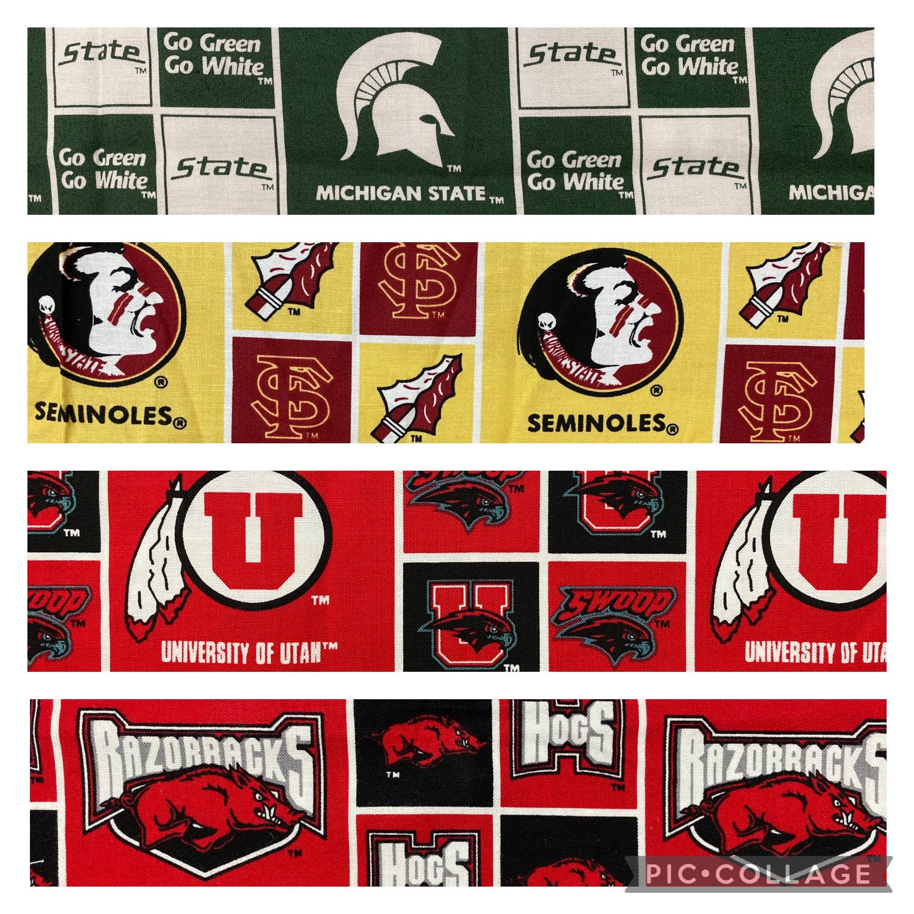 Ncaa University College, Michigan State Spartans, Florida State Seminoles, Utah Utes, or Arkansas Razorbacks, 100% Cotton Fabric Remnants