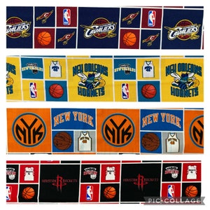 May include: A collage of four different NBA team fabric strips. The top strip features the Cleveland Cavaliers logo in blue and red. The second strip features the New Orleans Hornets logo in yellow and blue. The third strip features the New York Knicks logo in orange and blue. The bottom strip features the Houston Rockets logo in black and red.