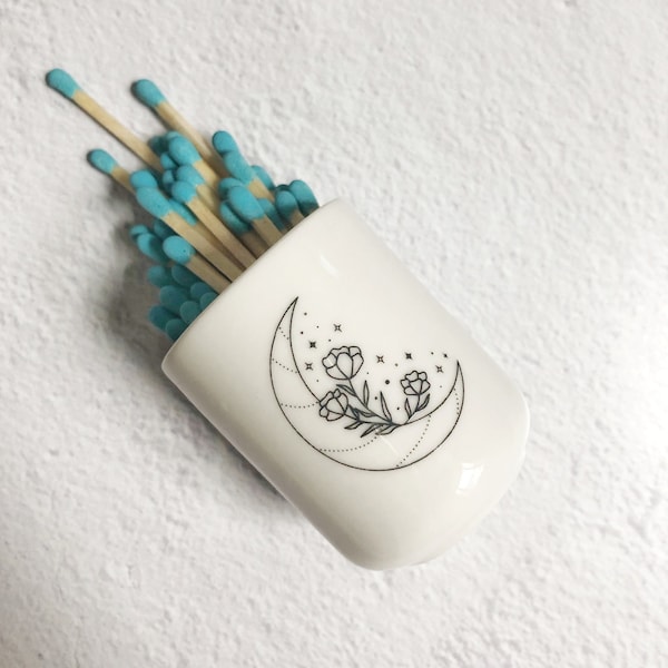 MATCHSTICK HOLDER | Small Ceramic Jar | Striker Sticker on Bottom | Mystical Floral Moon