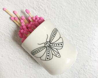 MATCHSTICK HOLDER | Small Ceramic Jar | Striker Sticker On Bottom | Moon Moth