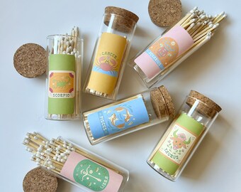 ZODIAC MATCHES | Glass Matchstick Jar | Striker on bottom | Candle Accessories | Safety Matches | Horoscopes