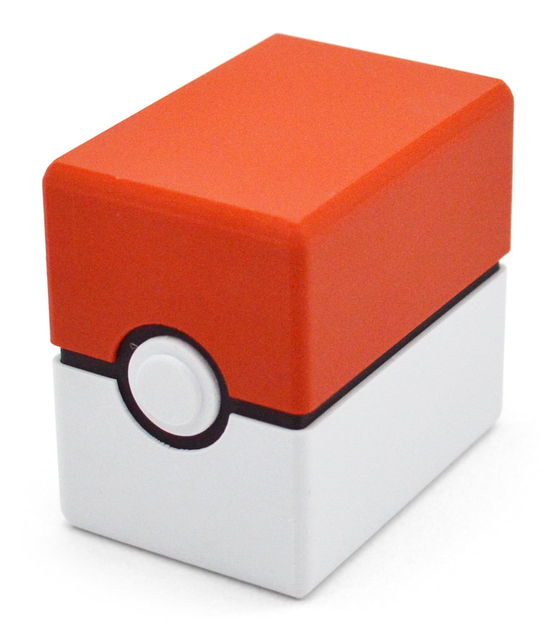 This box contains pokemon cards in a red and white Pokeball style design. This is a storage container for pokemon cards and small valuables.