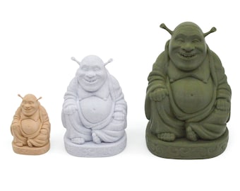 Estatua de Shrek Buda impresa en 3D para exhibición.