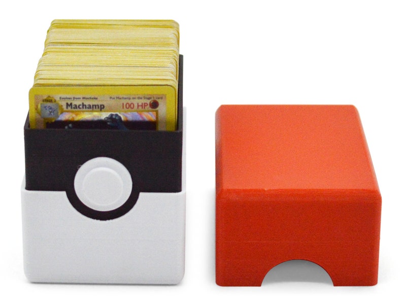 This box contains pokemon cards in a red and white Pokeball style design. This is a storage container for pokemon cards and small valuables.