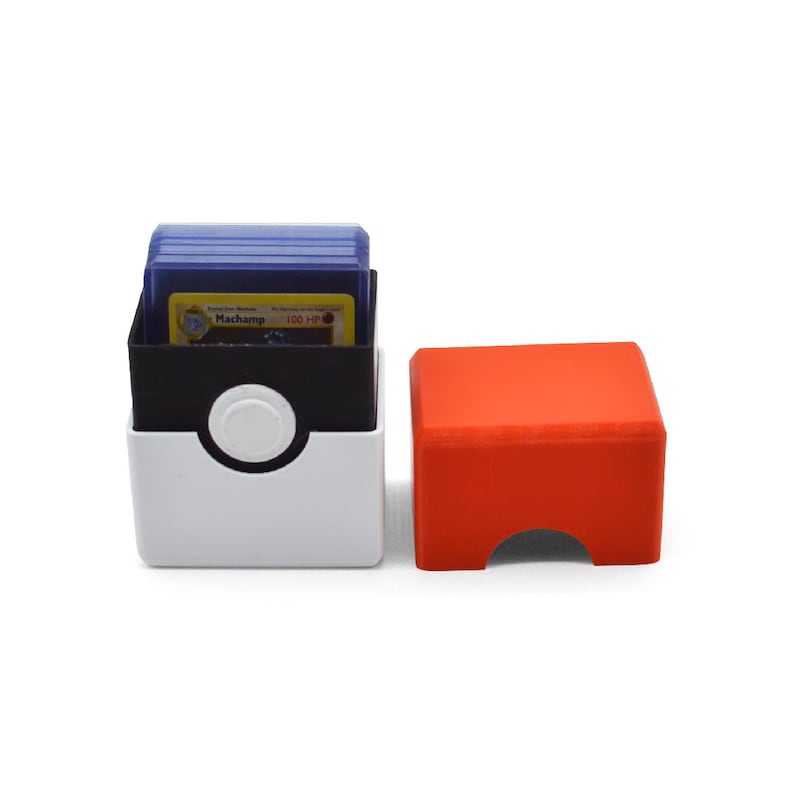 This box contains pokemon cards in a red and white Pokeball style design. This is a storage container for pokemon cards and small valuables.