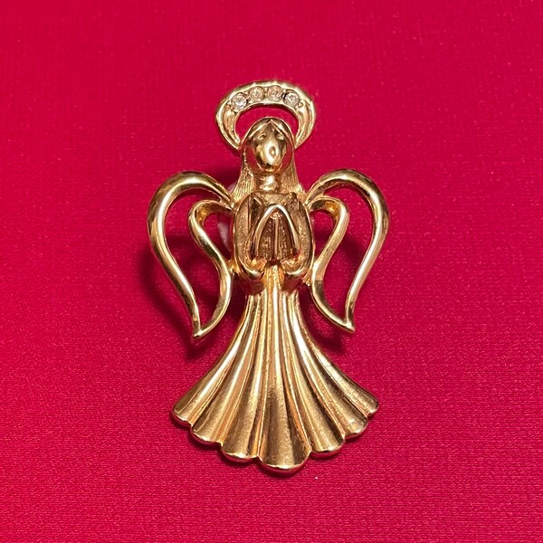 Gold Tone Angel Brooch with Rhinestone Halo