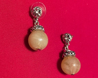 Peach Colored Bead and Rhinestone Dangle Earrings Pierced