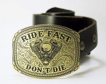 BIKER Belt Buckle "Ride Fast Don't Die"  -SOLID METAL- Choose Copper, Brass, Nickel Silver