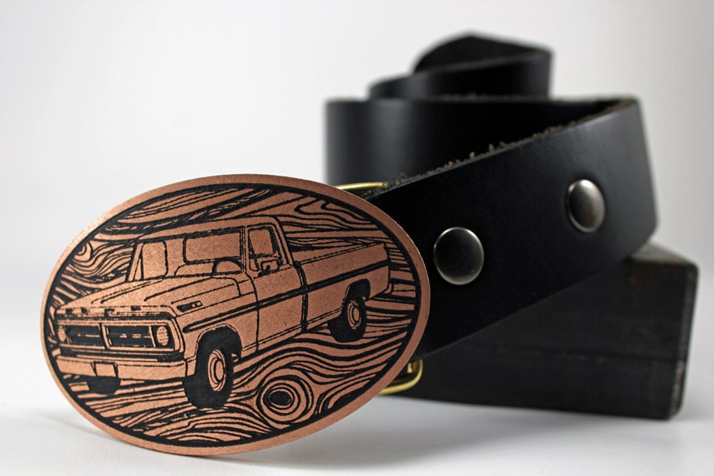 FORD TRUCKS ROCK boucle photo époxy et ceinture cuir collé (28-54
