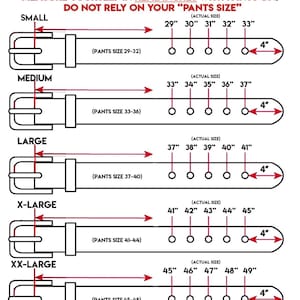 May include: A guide to measuring your waist size in inches with pants on. The chart shows different waist sizes from 29 to 49 inches, with corresponding pant sizes from small to XX-large.