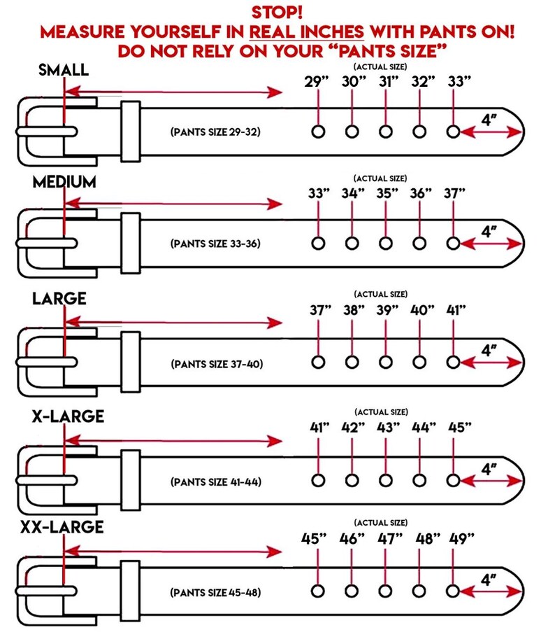 May include: A guide to measuring your waist size in inches with pants on. The chart shows different waist sizes from 29 to 49 inches, with corresponding pant sizes from small to XX-large.