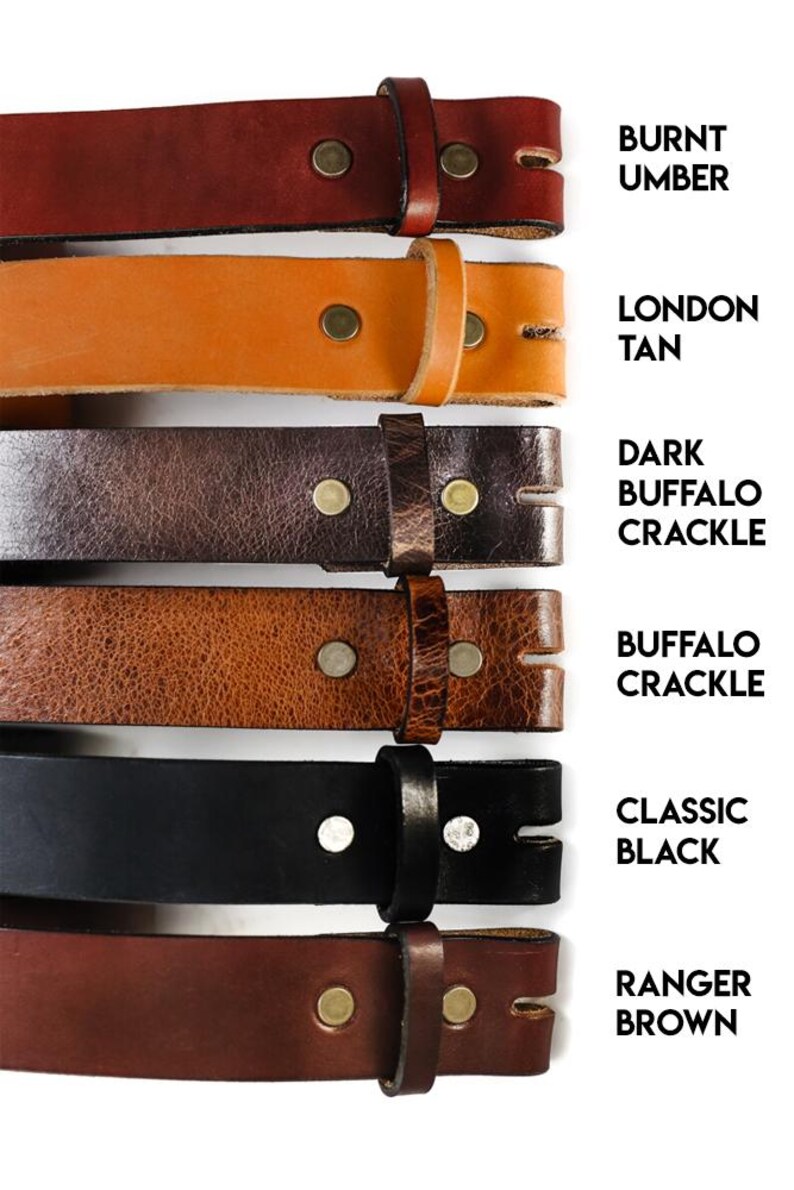 May include: Six leather belts in different colors and textures, including burnt umber, London tan, dark buffalo crackle, buffalo crackle, classic black, and ranger brown.