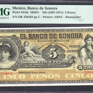 1897-1911 Mexico,Sonora,5 Pesos,63 PMG, Choice UNC/Banknote collectible