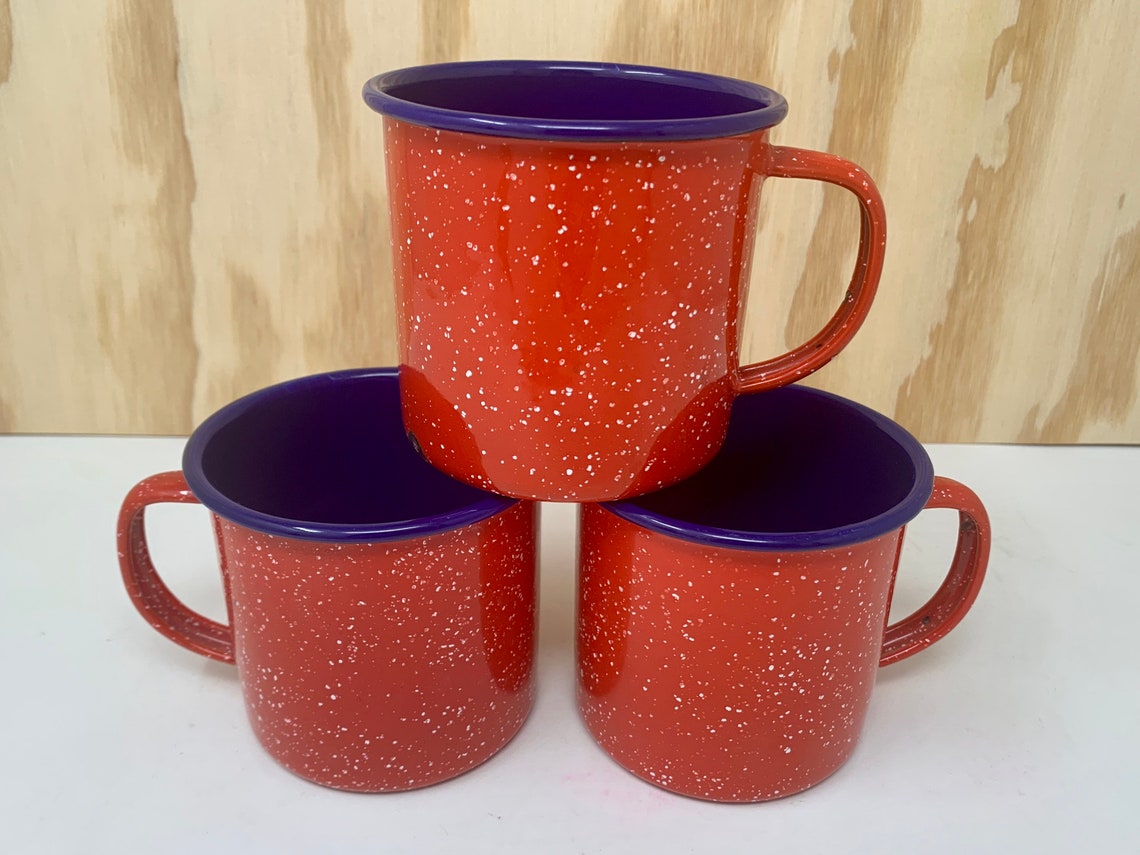 Set of 3 Red Enamelware Camping Mugs Rustic Enamel Coffee Etsy