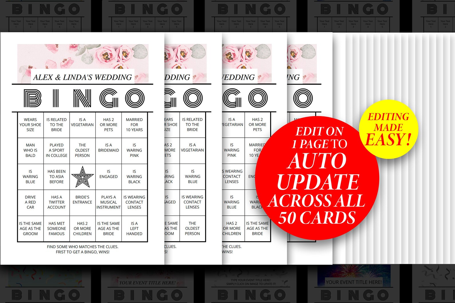 Editable bingo card templates printable customisable bingo card wedding