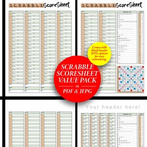 Feuille de carte de score de Scrabble imprimable | Modèle de bloc de score pour le jeu de Scrabble | Carte de score de Scrabble pour la compétition | Papier de scrabble | PDF