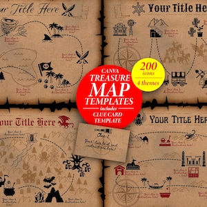 May include: A collection of four vintage-style treasure map templates with various themed illustrations. Each map features a different design, with icons, routes, and the text "Your Title Here". A red circle states "CANVA TREASURE MAP TEMPLATES".