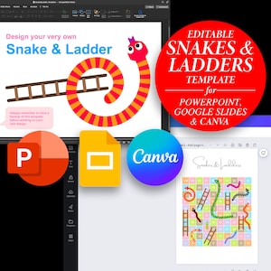 May include: Editable Snakes & Ladders game template for PowerPoint, Google Slides, and Canva. The template features a colourful game board with snakes and ladders, and a red circle with the text "Editable Snakes & Ladders Template for PowerPoint, Google Slides & Canva".