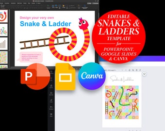 May include: Editable Snakes & Ladders game template for PowerPoint, Google Slides, and Canva. The template features a colorful game board with snakes and ladders, and a red circle with the text "Editable Snakes & Ladders Template for PowerPoint, Google Slides & Canva".