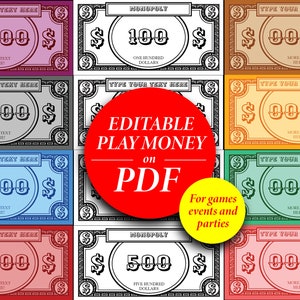 Editable board game money | Customisable party play money | Printable Monopoly bank notes download | DIY replacement game pieces | Event