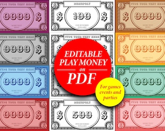 Editable board game money | Customisable party play money | Printable Monopoly bank notes download | DIY replacement game pieces | Event