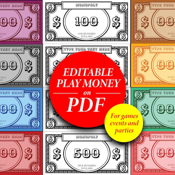 Editable board game money | Customisable party play money | Printable Monopoly bank notes download | DIY replacement game pieces | Event