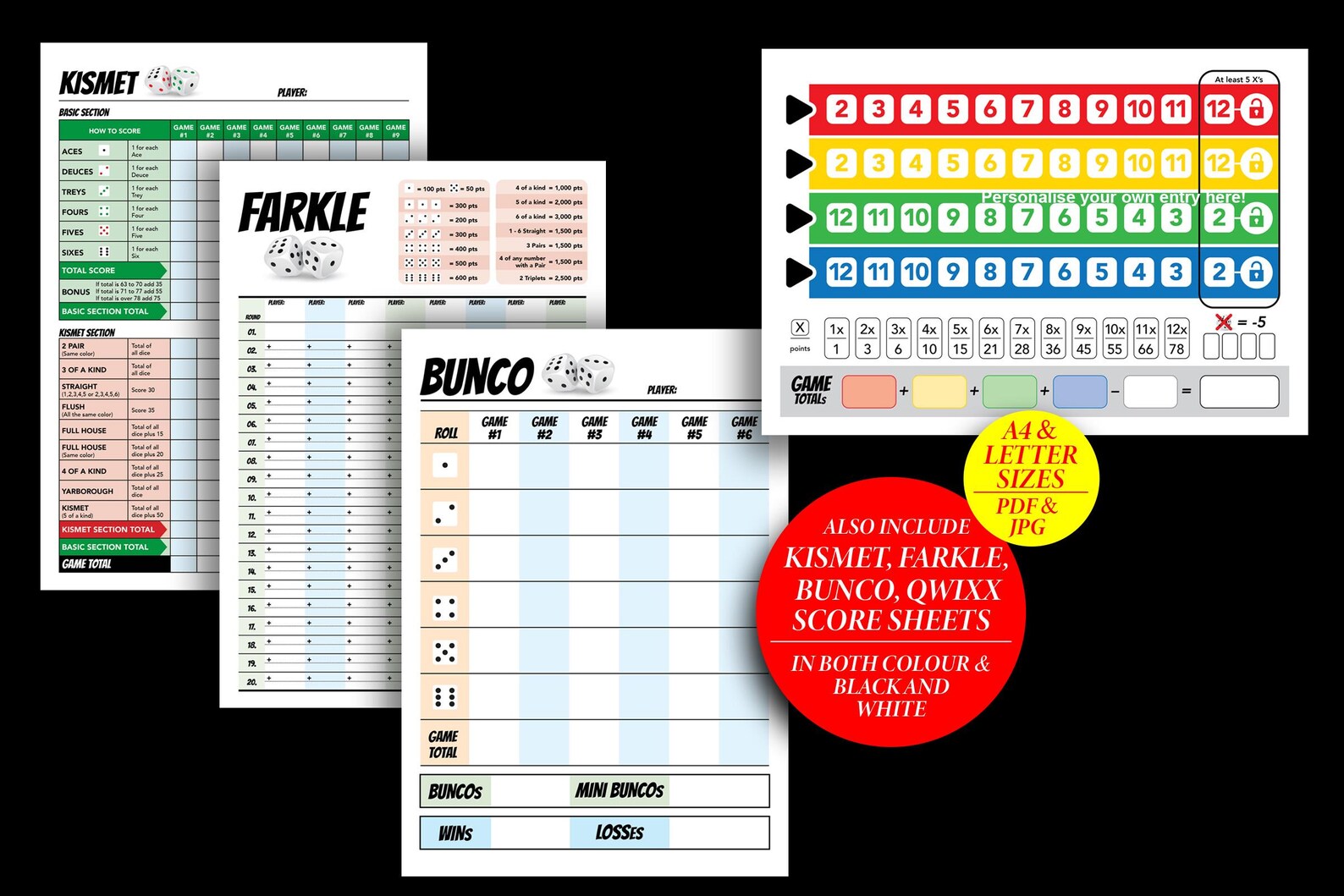 Yahtzee Farkle Kismet Bunco Qwixx Score Sheet Value Pack Bundle | Dice ...