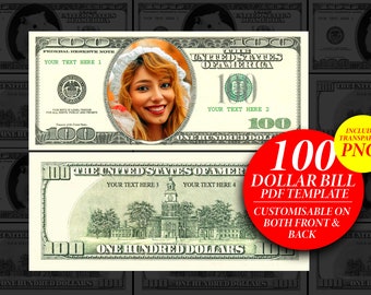 Party Money, Personalise 100 Dollar Bill, Editable party play money, Printable custom Dollar  with your face on it, DIY Event Game Money PDF