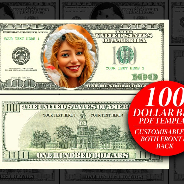 Party Money, Personalise 100 Dollar Bill, Editable party play money, Printable custom Dollar  with your face on it, DIY Event Game Money PDF
