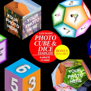May include: A set of photo cube and dice templates. The templates are easy to edit and come in 6-sided and 12-sided options. The set also includes a bonus yoga dice template. The image shows a variety of dice and cubes with different colors and designs.