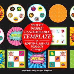 Puede incluir: Una colección de plantillas de cartas de juego redondas y cuadradas con explosiones de estilo cómic con el texto SPOT IT!!!, varios iconos como frutas, instrumentos musicales y vehículos, y espacios para fotos personalizadas sobre fondo oscuro.