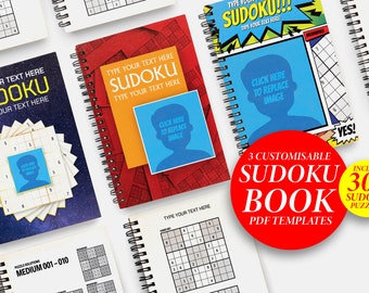 May include: Three customizable Sudoku book templates with different designs. Each cover features a place to add a photo and text. The book includes 300 Sudoku puzzles.
