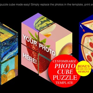 May include: A customizable photo cube puzzle template with a red, white, and blue color scheme. The template features a pizza, a strawberry, a watermelon, and a starry night painting. The text "YOUR PHOTO HERE!" and "CUSTOMISABLE PHOTO CUBE PUZZLE TEMPLATE" is visible on the template.