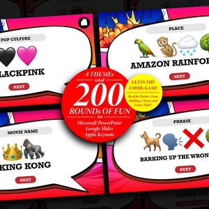 Op de afbeelding: Een digitaal emoji-spel met vier thema's: Popcultuur, Plaats, Filmtitel en Zin. Het spel bevat 200 rondes plezier en is compatibel met Microsoft PowerPoint, Google Slides en Apple Keynote.