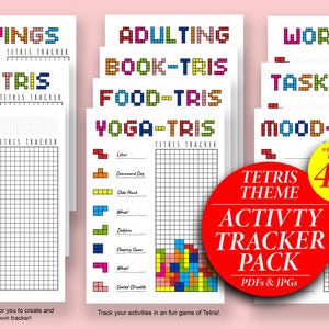 Puede incluir: Un conjunto de rastreadores de actividad imprimibles con un tema de Tetris. Los rastreadores están diseñados para ayudarte a realizar un seguimiento de tu progreso en diferentes áreas de tu vida, como ahorros, hábitos, entrenamientos y más. Los rastreadores están disponibles en cuatro tamaños diferentes y vienen con una plantilla en blanco para que puedas crear tu propio rastreador.