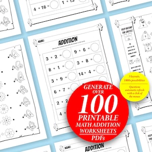 Può includere: Fogli di lavoro di matematica stampabili in bianco e nero per bambini con problemi di addizione. I fogli di lavoro hanno un design a scorrimento e presentano diversi temi, tra cui farfalle, fiori, mostri e un castello. Il testo "GENERATE OVER 100 PRINTABLE MATH ADDITION WORKSHEETS PDFs" è in rosso e bianco.