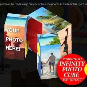 Puede incluir: Una plantilla de cubo de fotos infinito DIY rojo y amarillo. La plantilla presenta una escena de playa con el texto "YOUR PHOTO HERE!" y las palabras "CUSTOMISABLE INFINITY PHOTO CUBE PDF TEMPLATE" en un círculo rojo. Las palabras "EASY-TO-USE DIY TEMPLATE" están en un círculo amarillo.