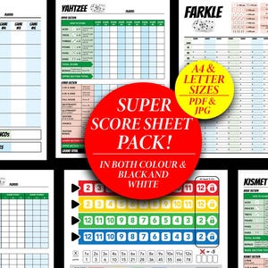Yahtzee Farkle Kismet Bunco Qwixx scoreblad voordeelpakketbundel | Scorekaarten voor dobbelstenen | kleur | Zwart-wit | Afdrukbare pdf en jpg