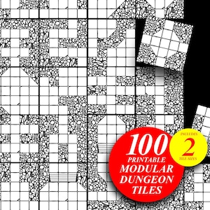 Puede incluir: Una colección de baldosas de mazmorra modulares imprimibles en blanco y negro con patrones de cuadrícula y texturas de piedra. Un gráfico circular rojo muestra el texto 100 PRINTABLE MODULAR DUNGEON TILES y un círculo amarillo indica INCLUDES 2 TILE SIZES.