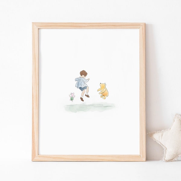 Jumping Christopher Robin | digital nursery print | nursery decor | vintage Winnie the Pooh | Christopher Robin and Piglet | piglet and pooh