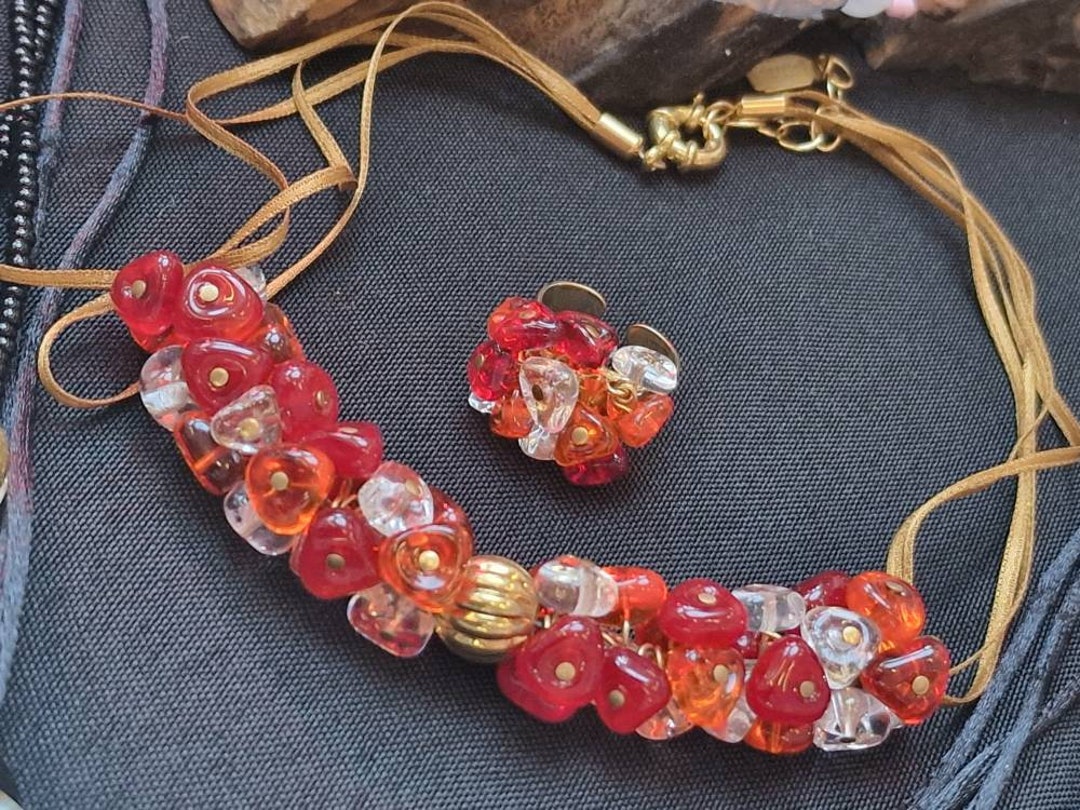 Murano Glass Set/mod. Arcobaleno Necklace Ring, Gift Set, Red, Gold ...