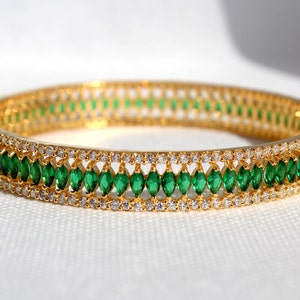Emerald Green Gold CZ American Diamond Bangles, Statement Jewelry, Indian Bollywood, Wedding, Brazaletes Oro Diamante Esmeralda